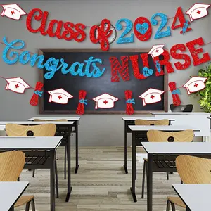 Lớp y tá tốt nghiệp Banner Trang trí Cung cấp long lanh Màu Đỏ chúc mừng 2024 y tá biểu ngữ y tá