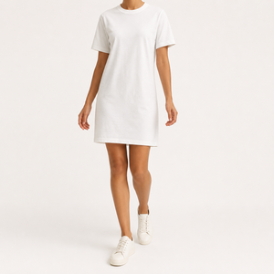 Abito T-Shirt Estivo da <span class=keywords><strong>Donna</strong></span> Minimalista in Cotone 100% a Maniche Corte con Scollo Rotondo, Lunghezza al Ginocchio, Tasche e Tinta Unita - Product Image 3