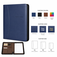 Portafolio de Cuero A4 Personalizado con Cierre, Doble Portaplumas y Portapapeles en Azul Marino con Logotipo para Reuniones de Negocios