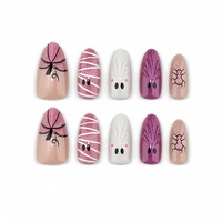 Faux Ongles Y2K Kawaii Gothique Rose Pastel Aurore 3D Effet Fantôme à Presser, Mignons Halloween Momie & Toile d'Araignée Faits Main, 30 Pièces