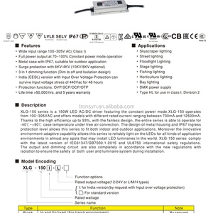 Driver LED Meanwell XLG-150-L-AB 150W, entrée 120~214V, étanche IP67, dimmable, transformateur haute tension 110V - Product Image 2