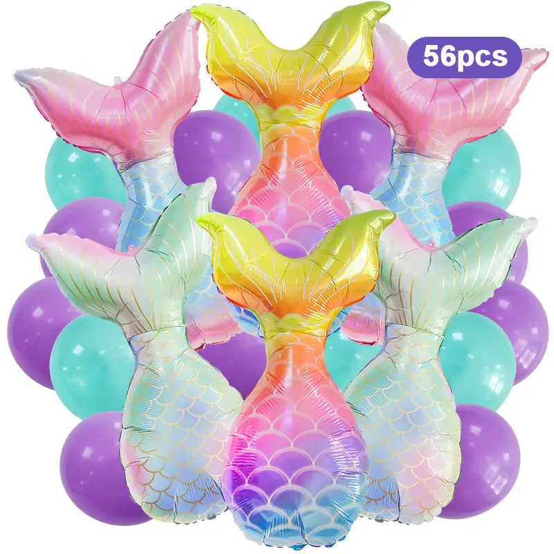 34 Inch Mermaid Thema Party Kinderen Verjaardag Versierd Met Cartoon Aluminium Ballon 56Pcs Romantische Landschap Set