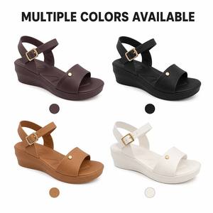 <span class=keywords><strong>Sandales</strong></span> compensées basses pour femmes en cuir PU à bride unique avec boucle dorée, antidérapantes, confortables et élégantes - Product Image 1