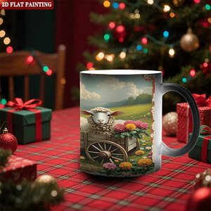 Frosted Black 11oz <b>Ceramic</b> <b>Mug</b> Heat Activated Coffee Cup With Sheep Cart Art Design - Product Image 2