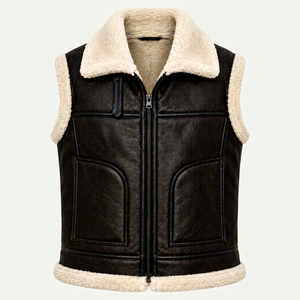 <b>Mens</b> Black Genuine Leather Shearling Vest <b>Sheepskin</b> Winter Warm Fur <b>Gilet</b> Motorcycle Biker Jacket Sleeveless Pilot Bomber Coat - Product Image 1