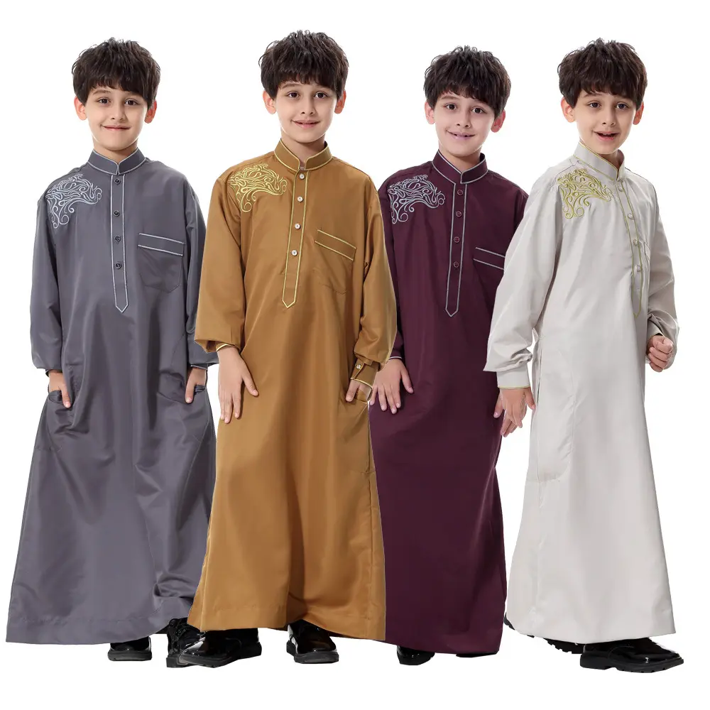 Grosir anak-anak Dubai Boys Thobe Muslim Arab Timur Tengah kerah berdiri baru jubah doa panjang untuk Lebaran anak-anak