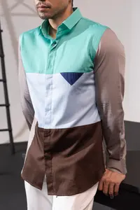 100% Cotton Turquoise Sky-<b>Brown</b> Casual <b>Shirts</b> for Summer Breathable and OEM Service Available - Product Image 3