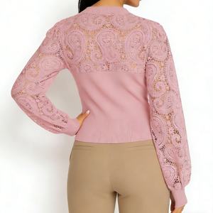 Women's Elegant Lace <b>Patchwork</b> Lantern Sleeve Knit Top Fitted Crew Neck Blouse for Office <b>Shirt</b> Fashion - Product Image 5