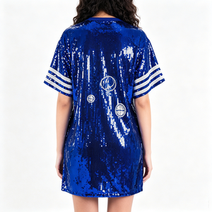Nouveauté T-shirt long en jersey de sport pour femmes avec short à rayures Paillettes de football Colorful Round Neck Blue T Shirts confortables - Product Image 2