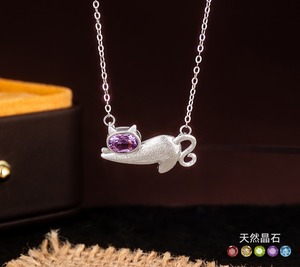 Collar con Colgante de Gato Adorable en Plata de Ley 925, con Incrustaciones de Piedra Natural Ovalada de 4*6mm, Joyería Fina para Chicas - Product Image 2