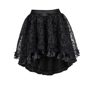 Black Brown Women's Tulle Asymmetrical Ruffled Satin Trim Skirt Retro Gothic Dance Lace Pleated Skirts