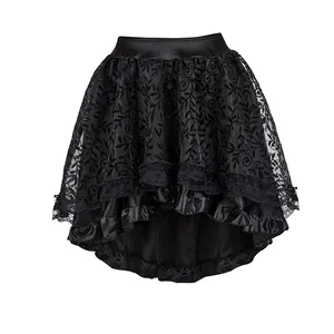 Màu nâu đen của phụ nữ vải tuyn không đối xứng xù satin TRIM váy Retro Gothic nhảy ren xếp li váy