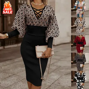 D230009 Gaun Bisnis Karir Cetak 2023 Bodycon Lengan Puff Panjang V-neck Kantor Wanita Memakai Gaun Midi untuk Wanita