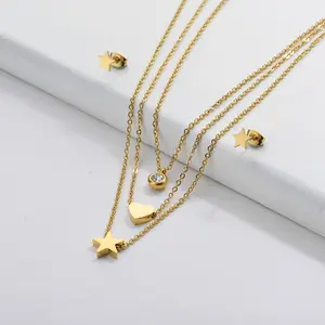 Toptan takı paslanmaz altın ay-Baoyan moda takı kalp yıldız katmanlı ay 18k altın kaplama paslanmaz çelik kolye kadınlar için küpe setleri
