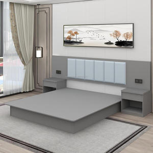 Custom Low Cost 3 Star Hotel Bedroom Furniture Sets with Platform Bed Frame Padded <b>Headboard</b> <b>Panel</b> and Integrated Nightstands - Product Image 3