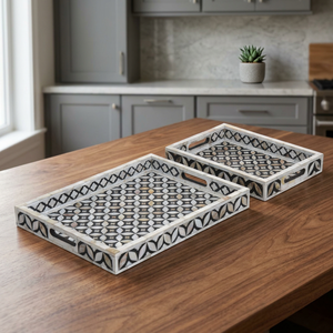 <b>Black</b> White Floral Bone Inlay <b>Tray</b> with Handles Stylish Handmade Decorative <b>Serving</b> <b>Tray</b> for Home Kitchen Table Display - Product Image 1