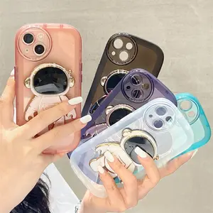 Luxury 3D Plating Astronaut Holder Phone Case For IPhone 14 11 12 13 Pro Max 14Plus Round Lens Protection Transparent Soft Cover