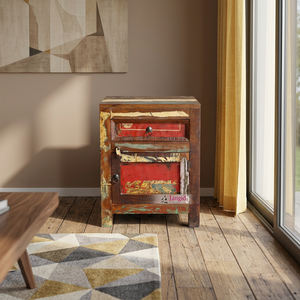 Reclaimed Vintage Bohemian Style Old Wooden Bedside <b>Storage</b> <b>Drawer</b> Table Cabinet Double Tier Standing Type for Living Room - Product Image 1