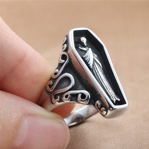 Coffin <b>Skull</b> <b>Ring</b> Men's Retro Punk Style Stainless Steel Jewelry Gift Silver Tone Geometric Skeleton Design - Product Image 3
