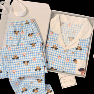 Pyjama long à manches longues pour femme <span class=keywords><strong>Cloud</strong></span> Soft, automne, mignon, motif à carreaux, vêtements de maison, ensemble, col en V, vente en gros - Product Image 1