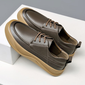 Chaussures décontractées en cuir à lacets pour hommes, marron, talon bas, couleur unie, style bateau, lacets avant, semelle adhésive, style jeune - Product Image 2