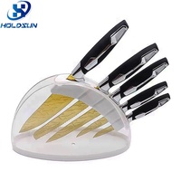 Ensemble de couteaux de chef haut de gamme en acier inoxydable plaqué titane doré, 6 pièces, avec manche ergonomique en caoutchouc et plastique et bloc de rangement