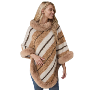 Women Casual Stripe Faux Fur Trim Cloak Winter Warm Pull Over Shawl for Daily Life Cold Weather Ice Activities - Product Image 4