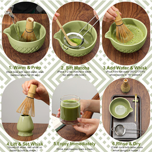 Juego de Té Matcha Tradicional Japonés de Cerámica de 7 Piezas, Cerámica de Porcelana Verde con Forma de Rombo, Batidor de Bambú, Cuchara para Té Matcha - Product Image 5