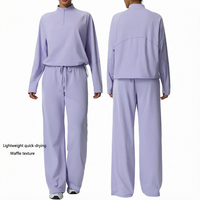 Ensemble de survêtement pour femme en tissu gaufré à séchage rapide, pull à col montant et demi-zip et pantalon à cordon de serrage