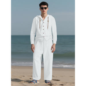 Ensemble décontracté homme transfrontalier : chemise unie à manches longues avec cordon de serrage, cardigan en coton et lin, et pantalon ample à col en V (2 pièces) - Product Image 5