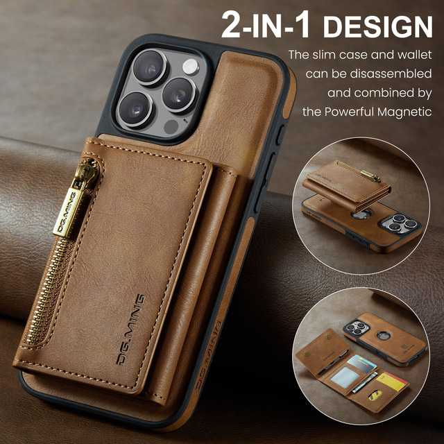 Luxury 2 In1 Magnetic Leather Zipper Card Wallet Phone Case for iPhone 17Air 14 15 16 Pro Max Detachable Shockproof Rear Cover