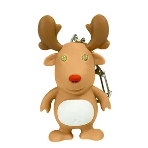 3D Cartoon Animal LED Keychain Christmas Gifts Cute Moose Elk Deer Shape Light up Keyring with Sound