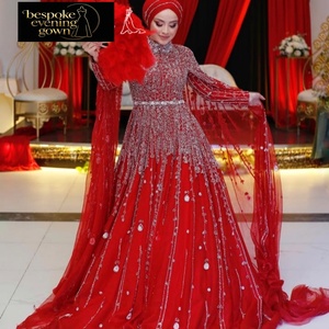 تخصيص الشركة المصنعة الحديثة أنيقة زرقاء حمراء الرأس ألف خط فستان طول الأرض حفلة موسيقية الكرة الزفاف طويلة الأكمام واقفة - Product Image 1