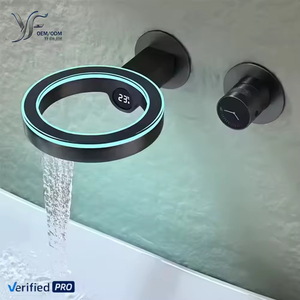 Robinet mural avec affichage de la température LED, lumière changeante de couleur, bec cascade, mitigeur de lavabo encastré en laiton, robinet de salle de bain moderne - Product Image 1