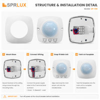 Détecteur de mouvement Sprlux SP-S10 à 3 capteurs, détection à 360 degrés, marche/arrêt automatique, portée de détection de 8 m, interrupteur de plafond intérieur/extérieur