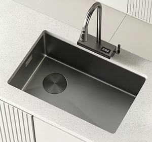 Fregadero de cocina moderno de acero inoxidable cepillado con grifo digital LED inteligente tipo cascada - Product Image 3