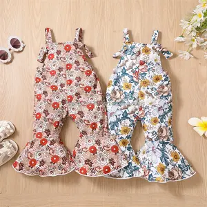 Benutzer definierte Onesies Baby Kleidung Frühling Mädchen Stram pler Mehrfarbige große Blumen Hosenträger mit großen ausgestellten Hosen Jumps uit für Kinder