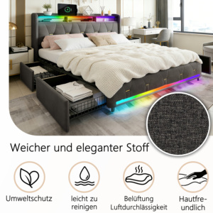 <span class=keywords><strong>Letto</strong></span> Imbottito Multifunzionale con Illuminazione LED e <span class=keywords><strong>Testiera</strong></span> con Vano Portaoggetti e Stazione di Ricarica USB, 4 Cassetti, Doghe in Legno, Grigio - Product Image 3