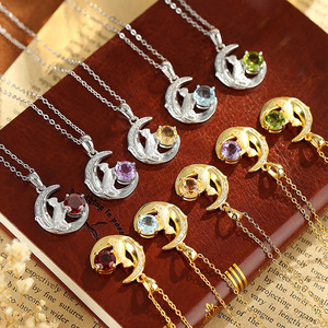 9 Lindos Collares Coreanos con Colgante de Gato Lunar de Piedra Natural Redonda de 6mm, Plata de Ley 925 Bañada en Oro, Joyería que No se Deslustra - Product Image 4