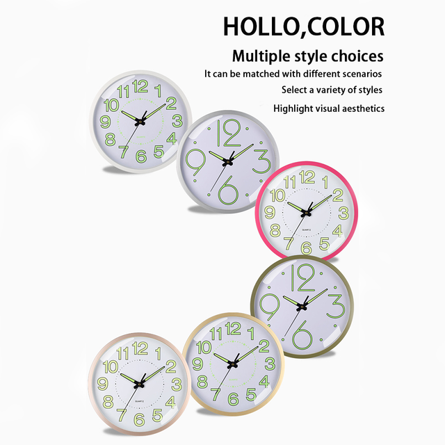 12" (30cm) Luminous Plastic Silent Wall Clock. Ideal for Bedrooms & Living Rooms, Battery-powered, Softly Glowing.