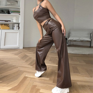 <span class=keywords><strong>Pantaloni</strong></span> <span class=keywords><strong>in</strong></span> <span class=keywords><strong>Pelle</strong></span> di Alta Qualità per Donna, Gamba Larga con Cintura, <span class=keywords><strong>Pantaloni</strong></span> <span class=keywords><strong>in</strong></span> <span class=keywords><strong>Pelle</strong></span> Marrone - Product Image 2