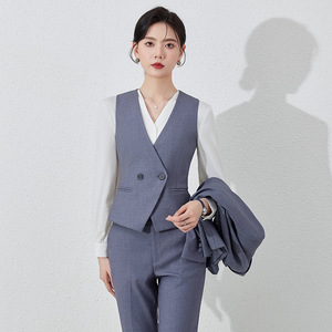Women's Gray Suit Vest Set Slim Fit Solid Color Polyester Hotel Receptionist Uniform Bank Staff Professional Wear - Product Image 4