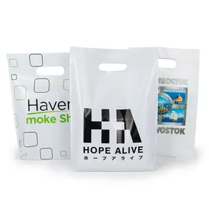 Personalize sacolas de transporte cortadas com logotipo impresso para compras em plástico branco sacolas com alça cortada