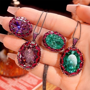 Fashion Eco-friendly Copper Gold Plated Big Oval Cut 15*20mm Paraiba Green Zircon Pendant <b>Earrings</b> Set Jewelry Set for Women - Product Image 3