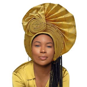 Venta al por mayor 2025 Popular hecho a mano Aso Oke Gele sombrero único flor cuentas turbante para mujeres para deportes o escenas de fiesta - Product Image 1