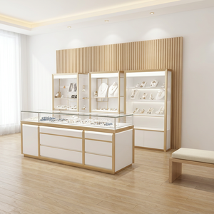 Modern <strong>Wall</strong> Mounted Jewelry <strong>Display</strong> <strong>Cabinet</strong> White and Gold Showcase with LED Light for Retail Shop - Product Image 5