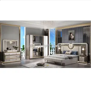 Высокоглянцевый роскошный набор мебели для спальни с королевского размера, комплект для спальни с зеркальным изголовьем