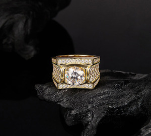 Yellow <b>Gold</b> Moissanite <b>Cocktail</b> <b>Ring</b> Round Brilliant Cut Pave Setting Geometric Luxury Unisex Engagement <b>Ring</b> - Product Image 6
