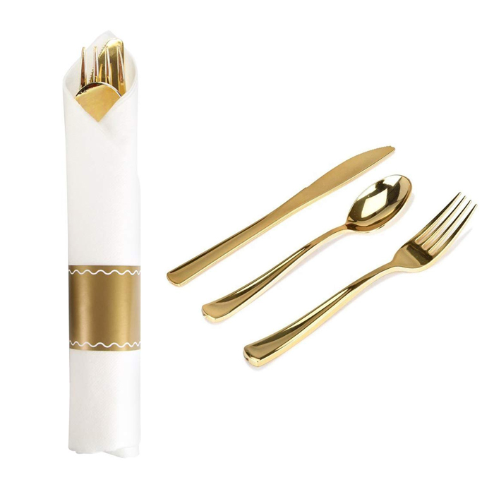 Набор золотых элегантных салфеток и столовых приборов в рулоне, одноразовая посуда для рождества, свадеб и вечеринок