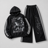 Ensemble de survêtement streetwear personnalisé coupe ample à rayures imprimées numériquement, effet délavé à l'acide et décoloré par le soleil, comprenant un sweat à capuche et un pantalon à double ceinture